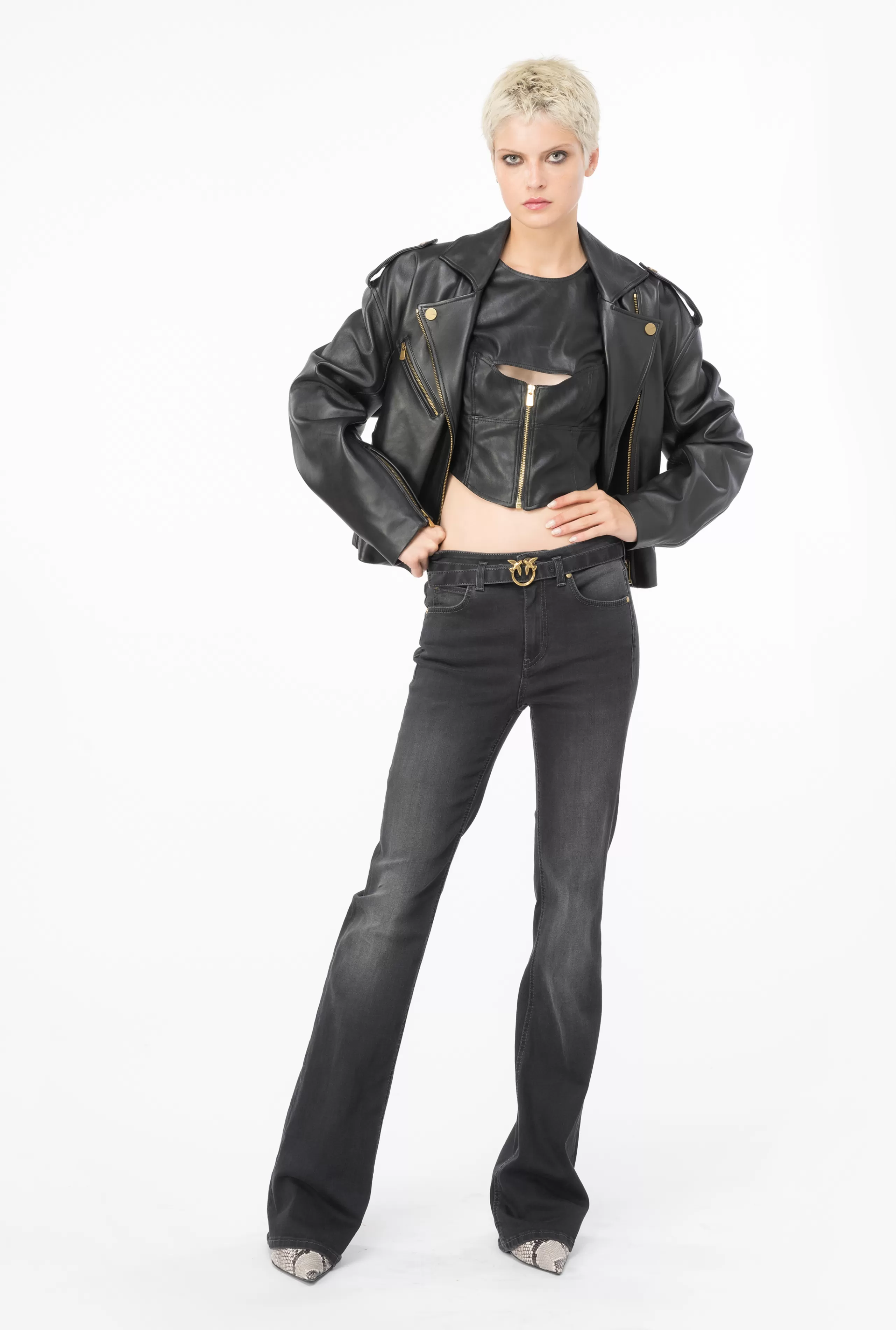 PINKO DŻINSY-Dżinsy Flare Denim Black Z Paskiem