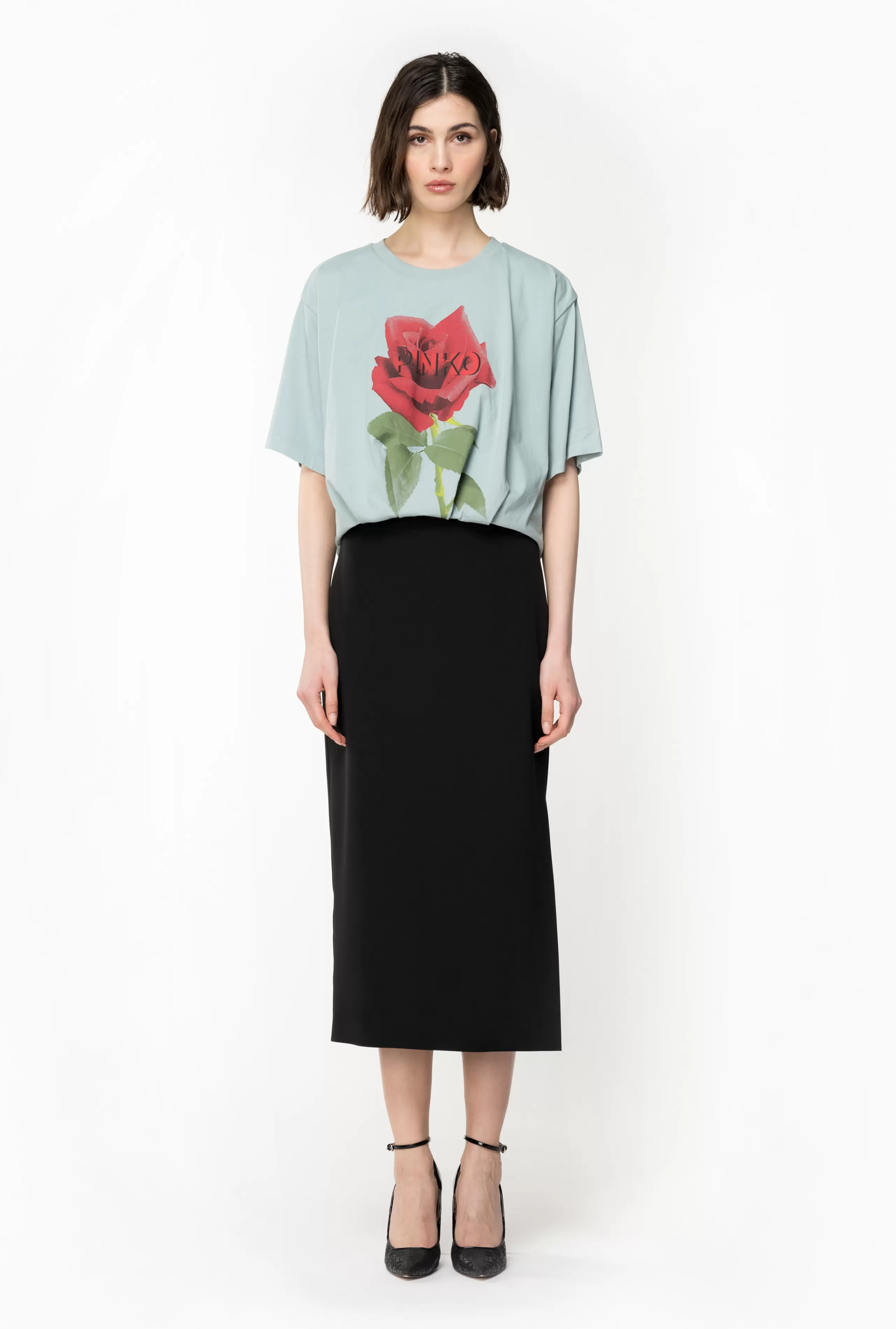 PINKO TOPY-T-shirt Crop Z Nadrukiem Róży